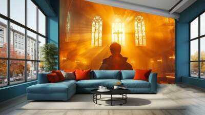 Priest prays in front of cross in church under sunlight rays. Concept Religious Iconography, Faith and Devotion, Spiritual Practices, Church Interiors, Sunlight and Shadows Wall mural