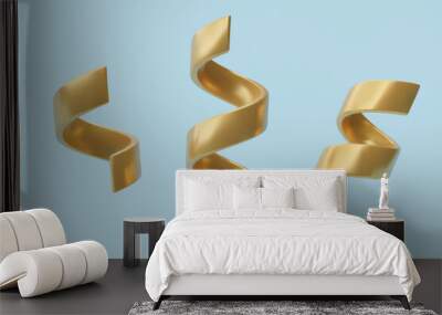 Realistic 3d golden confetti curly ribbons three dimensional vector party decoration design elements Wall mural