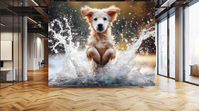 red dog runs through the water, wet, splashes all around Wall mural