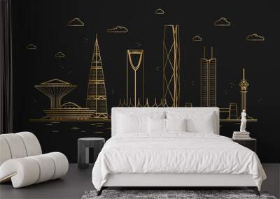 Riyadh city line art, golden architecture vector illustration, skyline city, all famous buildings. Wall mural