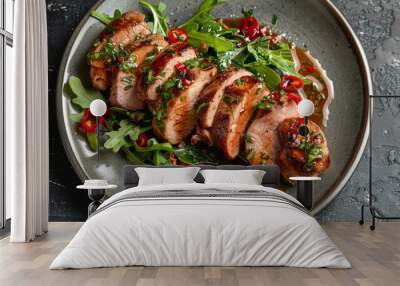 Roasted pork with fresh salad greens and chili garnish Wall mural