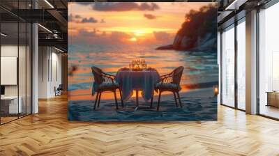 Romantic Beach Sunset Dinner for Two with Elegant Table Setting Wall mural