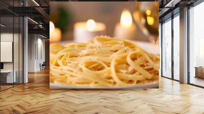 Romantic Roman trattoria serving traditional Cacio e Pepe pasta by candlelight. Concept Romantic Dining, Traditional Italian Cuisine, Candlelit Ambiance, Cacio e Pepe Pasta Wall mural