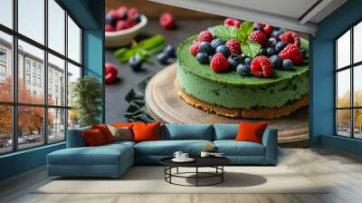 A delicious green spirulina cheesecake topped with fresh fruit and bright mint leaves on wooden board. Copy space. Concept: healthy food, product for vegan, gluten free.  Wall mural