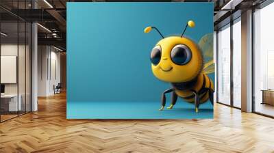 Banner with 3D a cute smiling cartoon bee on blue color background, copy space for text. Bee day, 20 may. Design of cards, posters. Wall mural