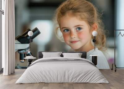 Blond curly schoolgirl with microscope in class, smiling and looking at camera. Concept: education, accessibility of knowledge Wall mural