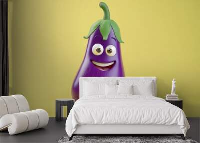 Cute eggplant with happy face 3d cartoon character, isolated on solid light color background Wall mural