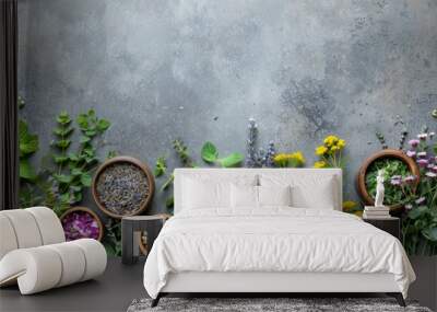 herbs and medicine on grey background, top view with copy space, alternative medicine, homeopathy  Wall mural