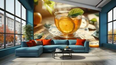 Orange steaming tea in a transparent glass cup on a wooden table, leaves and orange lying nearby. Autumn warm light, copy space. Concept: refreshing drink, aromatic drink, vegan food and drink Wall mural