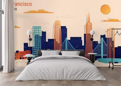 San Francisco city colorful paper cut style, vector stock illustration. Cityscape with all famous buildings. Skyline San Francisco city composition for design. Wall mural