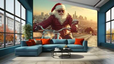 Santa Claus riding a motorcycle on a city highway at sunset. Modern Santa in sunglasses on a festive journey Wall mural