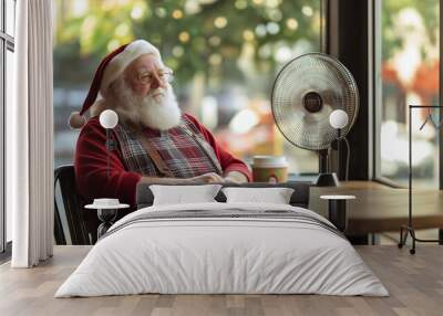 Santa Claus sitting in a cafe with a cup of coffee. Relaxing Santa in casual attire, reflecting on climate change by the window. Wall mural