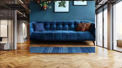 Scandinavian living room with dark blue sofa and knitted poufs. Concept Scandinavian Design, Dark Blue Sofa, Knitted Poufs, Cozy Living Room Wall mural