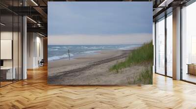 Scenic view of the sea and sand dune on the beach on a gloomy, cloudy weather, Skagen, Denmark Wall mural