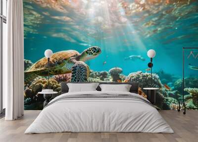 Sea turtle elegantly glides through colorful coral reef with sunlight streaming down. Concept Underwater Photography, Marine Life, Sunlight, Coral Reef, Sea Turtle Wall mural