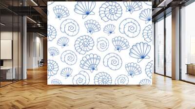 Seamless vector pattern with seashells on a white background Wall mural