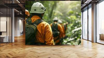 Search and rescue team in tropical forest using techniques for missing persons. Concept Search and Rescue, Tropical Forest, Techniques, Missing Persons, Team Wall mural