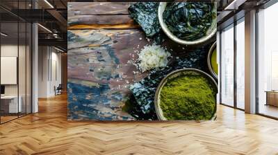 Seaweed powders and konbu on wooden background for healthy cooking. Concept Healthy Cooking, Seaweed Powders, Konbu, Wooden Background, Plant-based Recipes Wall mural