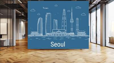 Seoul city, Line Art Vector illustration with all famous towers. Linear Banner with Showplace. Composition of Modern buildings, Cityscape. Seoul buildings set. Wall mural