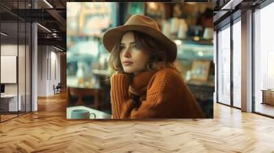 Serene Autumn Café Mood: Stylish Woman in Cozy Sweater and Hat Wall mural