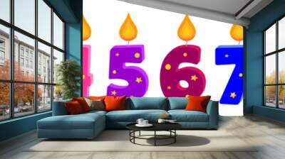 Set of colored candles for cake with gold confetti decor, vector. Burning candles numbers for a birthday isolated on a white background. Wall mural