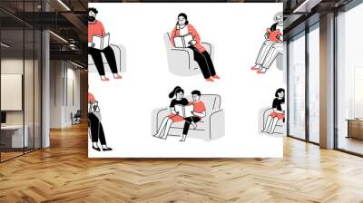 Set people read books. Seniors, family read books everywhere. Love, read modern literature fans isolated on white background. Flat cartoon vector illustration. Wall mural