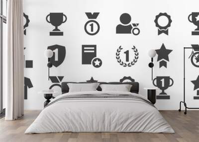 Set with award, award with number 1, one, trophy cup, trophy cup with star winner medal, trophy star, user with rating vector icon  Wall mural