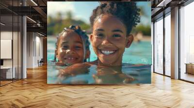 Siblings Enjoying a Sunlit Summer Pool Day Wall mural