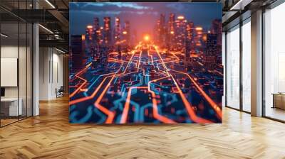 Silicon wafer with glowing circuits symbolizes AIs role in futuristic cityscape. Concept Technology, AI, Future Cities, Silicon Wafer, Glowing Circuits Wall mural