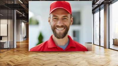 Smiling delivery man in red cap uniform delivering package to customers home. Concept Delivery Service, Red Cap Uniform, Package Delivery, Happy Customer, Home Delivery Wall mural