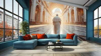 Solemn Cathedral Walk, clergy member walks through the hallowed halls of a cathedral bathed in divine light Wall mural