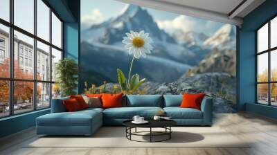 Solitude in Bloom, lone daisy stands resolute against a backdrop of majestic snow-capped mountains, a symbol of nature's serene beauty and resilience Wall mural