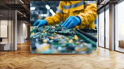 Sorting ewaste separating recyclables and removing hazardous materials in a tech recycling facility. Concept E-waste recycling, Hazardous materials removal, Recyclables separation Wall mural