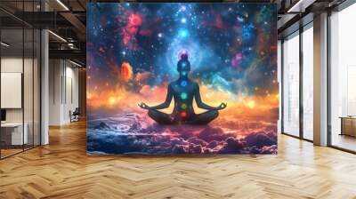 Spiritual meditation background with chakras prana and cosmic universe themes. Concept Spiritual Meditation, Chakras, Prana, Cosmic Universe, Mindfulness Wall mural