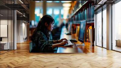 Student Uses Library Computer To Research For Term Paper Wall mural