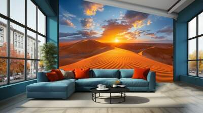 Stunning Sahara Desert panorama at sunset with golden sand dunes. Concept Desert Landscape, Sunset Photography, Golden Sand Dunes, Sahara Panorama, Nature Photography Wall mural