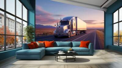 Sunset Road Trip with Commercial Truck, semi-truck drives along a highway under a pastel sunset sky, symbolizing logistics and the freedom of the open road Wall mural