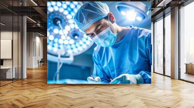 surgeon in the operating room performing eye microsurgery under bright lamp lighting, in a blue uniform Wall mural