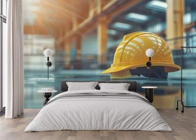 Symbolizing safety and protection at a job site: Closeup of a yellow hardhat with blurred industrial background. Concept Safety Equipment, Industrial Setting, Protective Gear, Closeup Photography Wall mural