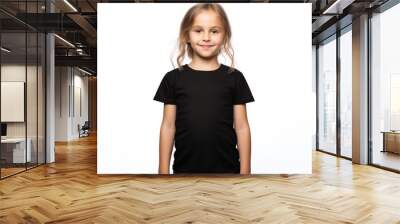 The Little Girl In Black Tshirt On White Background, Mockup Wall mural