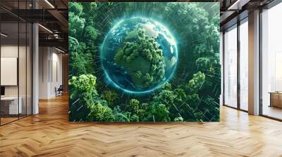 Top view of sustainable business technology with ecofriendly solutions and futuristic design. Concept Sustainable Business Technology, Ecofriendly Solutions, Futuristic Design, Top View Perspective Wall mural