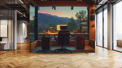 luxury home office with large windows, beautiful sunset views Wall mural