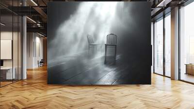 Two empty chairs stand in a foggy room, illuminated by a beam of light from a window. Wall mural