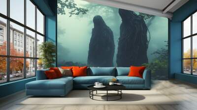 Two mysterious figures shrouded in mist emerge from a dark forest. Wall mural