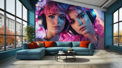 Two shapely fashionable DJ girl dance enjoy music in colorful neon uv purple blue light. Rave house music night club vibes. High Fashion. Young model woman friends relax, woman dancing in nightclub Wall mural