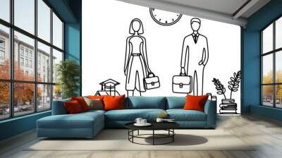 two teachers, a man and a woman stand with bags, school building, books, one line vector drawing Wall mural