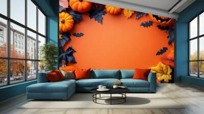 Vibrant and colorful Halloween flat lay background featuring pumpkins, spooky bats, and beautiful autumn leaves with copy space for text Wall mural