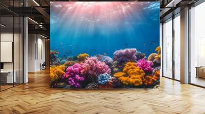 Vibrant coral reef in Mediterranean Sea paradise: A captivating underwater scene. Concept Underwater Photography, Coral Reef Ecosystem, Mediterranean Sea, Marine Conservation, Biodiversity Wall mural