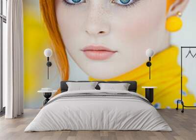 Vibrant Redhead with Freckles in Yellow Fashion Attire Wall mural