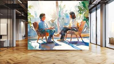 Watercolor painting of two people in therapy session discussing mental health. Concept Art, Therapy, Mental Health, Watercolor Painting Wall mural